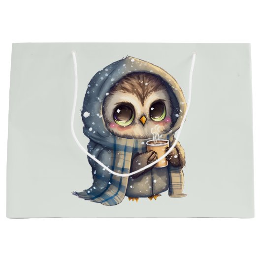 コーヒーを入れたかわいい大きな目のフクロウ ラージペーパーバッグ (正面)