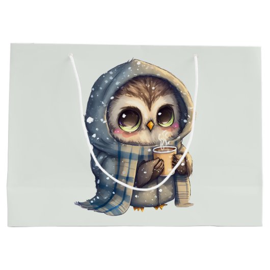 コーヒーを入れたかわいい大きな目のフクロウ ラージペーパーバッグ (裏面)