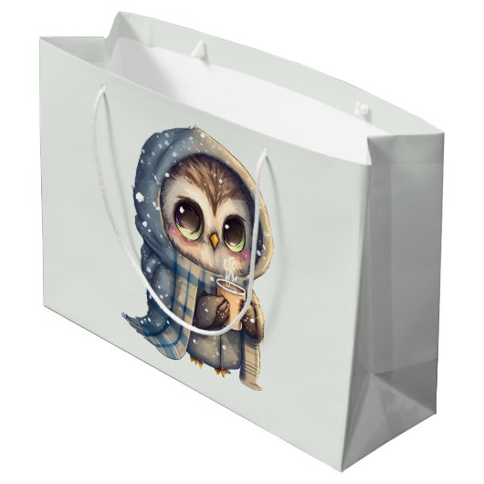 コーヒーを入れたかわいい大きな目のフクロウ ラージペーパーバッグ (裏面アングル)