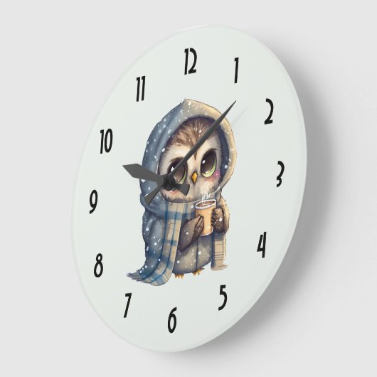 コーヒーを入れたかわいい大きな目のフクロウ ラージ壁時計 (傾斜)