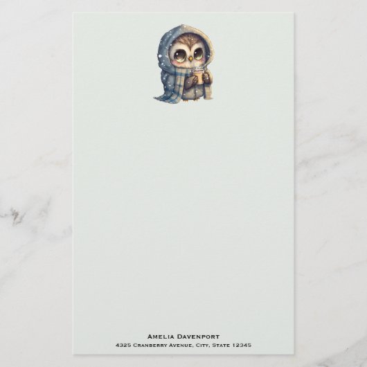 コーヒーを入れたかわいい大きな目のフクロウ 便箋 (正面)