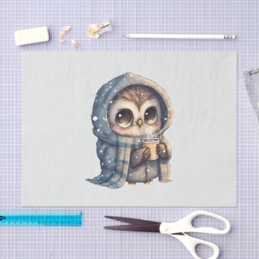 コーヒーを入れたかわいい大きな目のフクロウ 薄葉紙 (クラフト)
