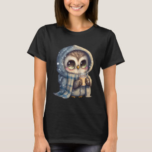 コーヒーを入れたかわいい大きな目のフクロウ Tシャツ
