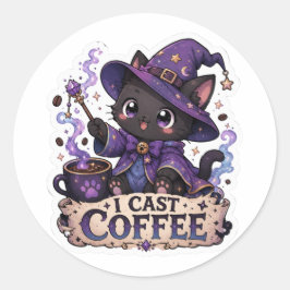コーヒーを召喚するキュートな黒猫の魔法使いステッカー ラウンドシール