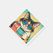 コーヒーを持ちながら大きすぎるサングラスをかけた猫 スタンダードカクテルナプキン (角)