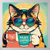 コーヒーを持ちながら大きすぎるサングラスをかけた猫 ポスター (正面)