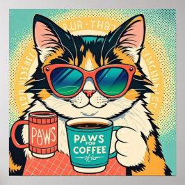 コーヒーを持ちながら大きすぎるサングラスをかけた猫 ポスター