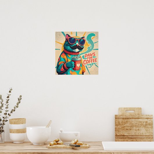 コーヒーを持ちながら大きすぎるサングラスをかけた猫 ポスター (キッチン)