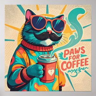 コーヒーを持ちながら大きすぎるサングラスをかけた猫 ポスター