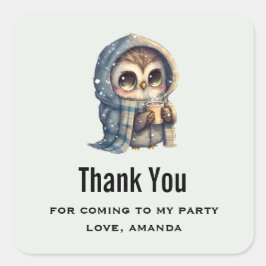コーヒーを持ったかわいい大きな目のフクロウありがとうパーティー スクエアシール