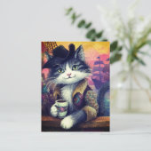 コーヒーを持ったかわいい海賊猫 ポストカード (スタンド正面)