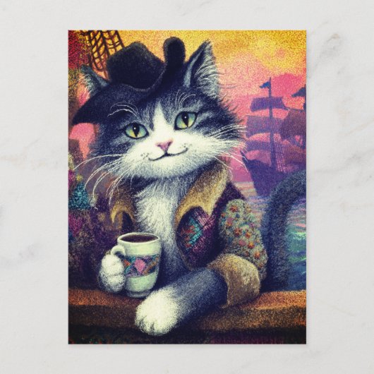 コーヒーを持ったかわいい海賊猫 ポストカード (正面)