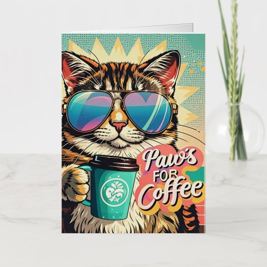 コーヒーを持ったオーバーサイズのサングラスをかけた猫 箔グリーティングカード (正面)