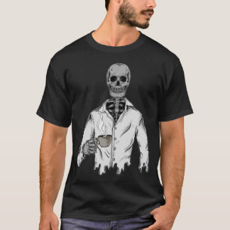 コーヒーを持ったスケルトン - ハッピー ハロウィン Tシャツ