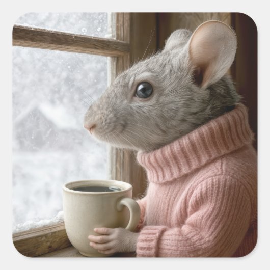 コーヒーを持ったネズミ スクエアシール (正面)