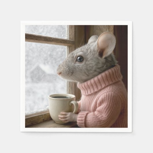 コーヒーを持ったネズミ スタンダードカクテルナプキン (正面)