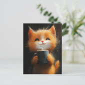 コーヒーを持った愛らしいジンジャーの猫 ポストカード (スタンド正面)