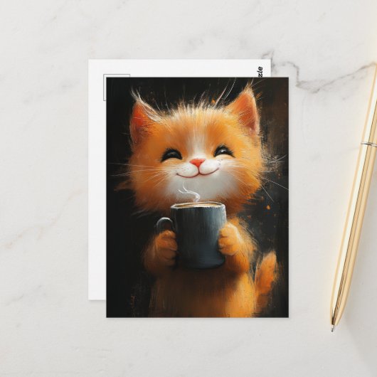 コーヒーを持った愛らしいジンジャーの猫 ポストカード (正面/裏面インサイチュ)