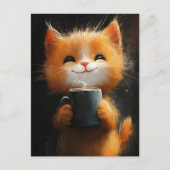 コーヒーを持った愛らしいジンジャーの猫 ポストカード (正面)