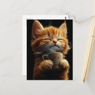 コーヒーを持った愛らしいジンジャー子猫 ポストカード