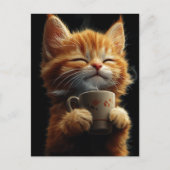 コーヒーを持った愛らしいジンジャー子猫 ポストカード (正面)