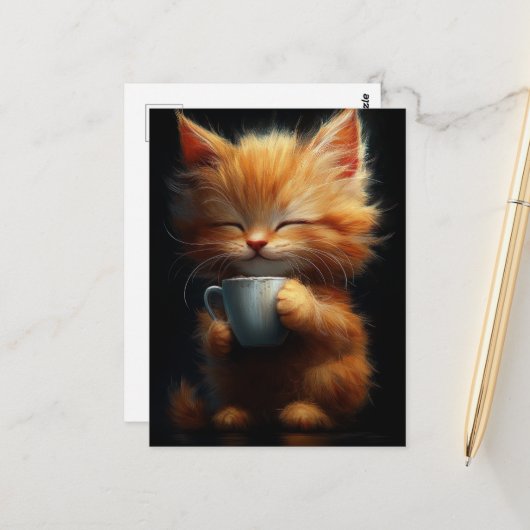 コーヒーを持った愛らしいジンジャー子猫 ポストカード (正面/裏面インサイチュ)