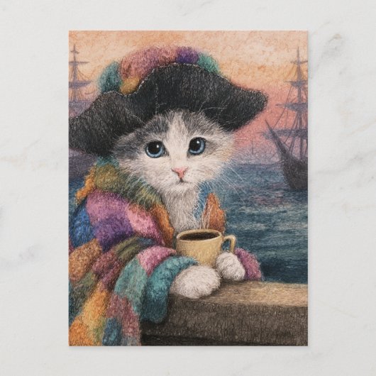コーヒーを持った海賊猫 ポストカード (正面)