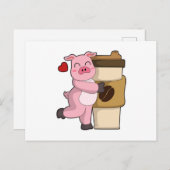 コーヒーを持った豚 ポストカード (正面/裏面)