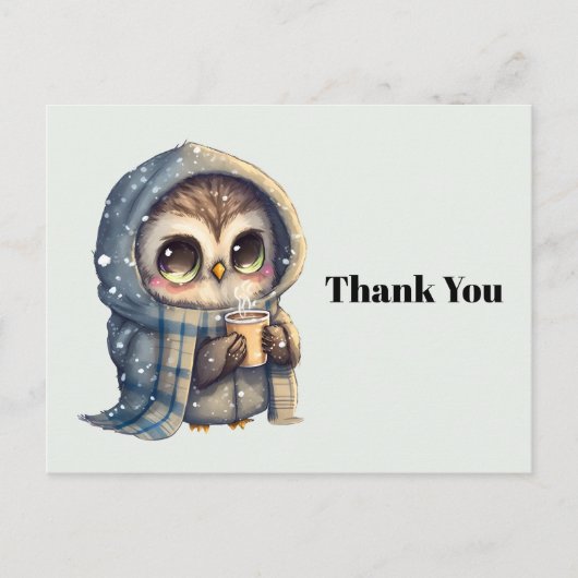 コーヒーを持つかわいいフクロウありがとう ポストカード (正面)