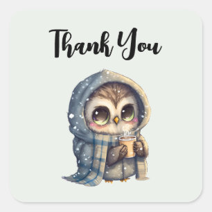 コーヒーを持つかわいい大きな目のフクロウありがとう スクエアシール