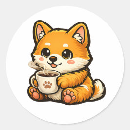 コーヒーを持つかわいい柴犬 – ほっこりとした犬のイラスト ラウンドシール