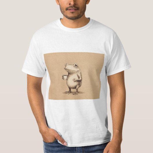 コーヒーを持つカエル – 幻想的なヴィンテージ動物 Tシャツ (正面)