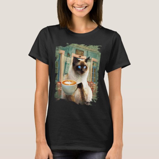 コーヒーを持つシャム猫 Tシャツ (正面)