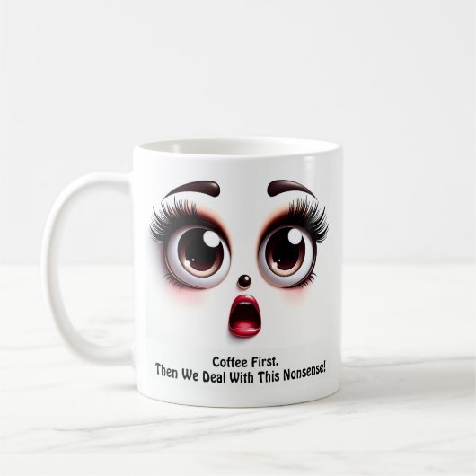 コーヒーを最初に、素敵な目をした面白い顔 コーヒーマグカップ (左)