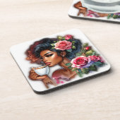 コーヒーを楽しむピンクのバラの女性 コースター (左側)