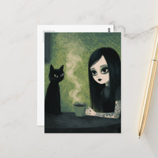 コーヒーを楽しむ女性と黒猫 ポストカード