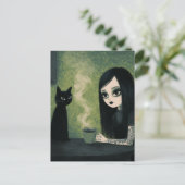 コーヒーを楽しむ女性と黒猫 ポストカード (スタンド正面)