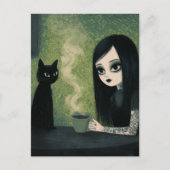 コーヒーを楽しむ女性と黒猫 ポストカード (正面)
