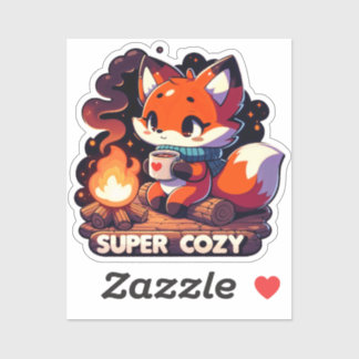 コーヒーを飲みながら丸太に座るキツネ シール