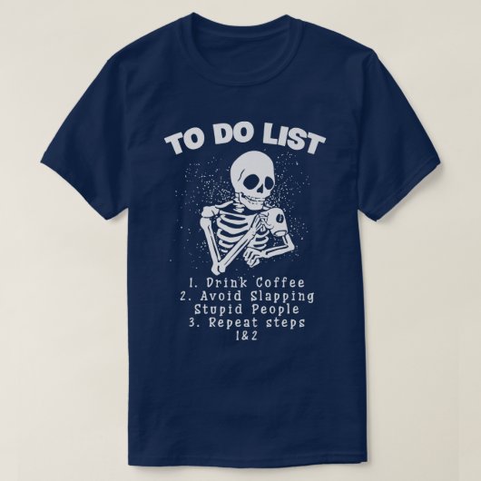 コーヒーを飲むおもしろいスケルトンCaffeiをリストする Tシャツ (デザイン正面)
