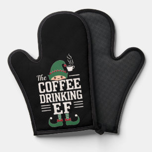 コーヒーを飲むエルフの家族でお揃いのクリスマス 鍋つかみ