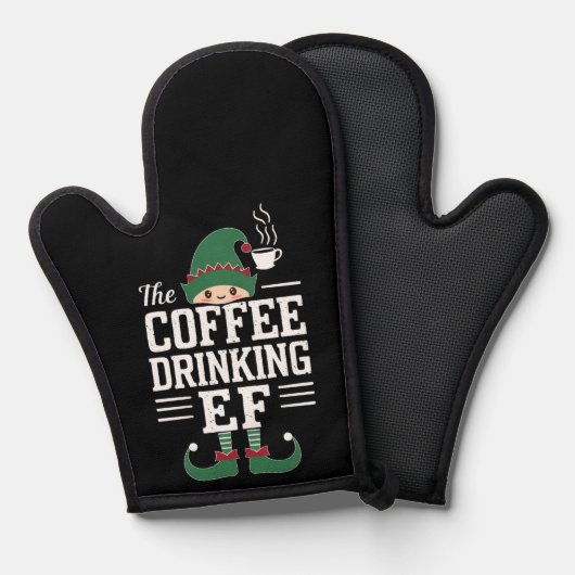コーヒーを飲むエルフの家族でお揃いのクリスマス 鍋つかみ (正面/裏面)