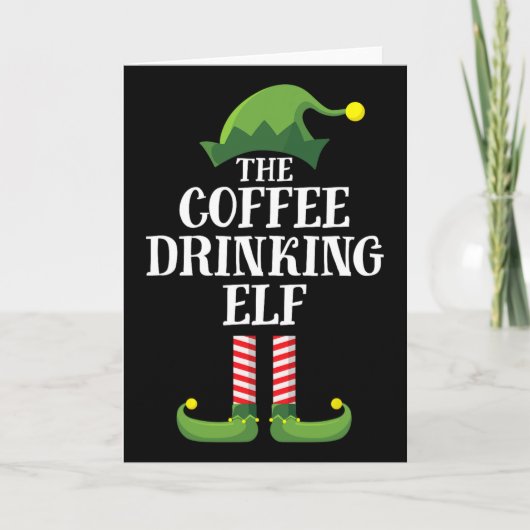 コーヒーを飲むエルフの家族とお揃いのクリスマス カード (正面)