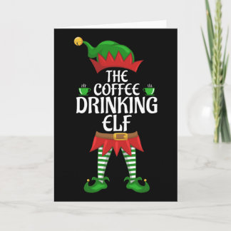 コーヒーを飲むエルフ家族のマッチンググループ クリスマス カード