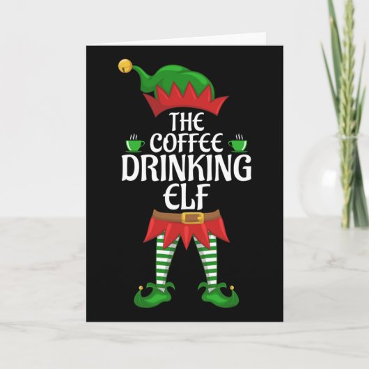 コーヒーを飲むエルフ家族のマッチンググループ クリスマス カード (正面)