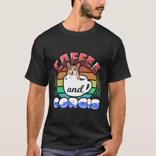 コーヒーを飲むコーギー用コーヒーアンプコーギー Tシャツ (正面)