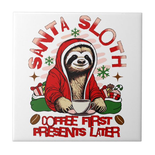 コーヒーを飲むサンタのナマケモノ タイル (正面)