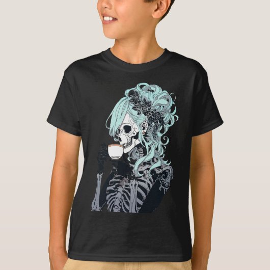 コーヒーを飲むスケルトンのお団子ヘアハロウィンコスチューム Tシャツ (正面)