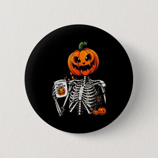 コーヒーを飲むスケルトンのカボチャのハロウィンコスチューム 缶バッジ (正面)