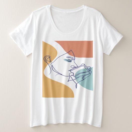 コーヒーを飲む女性のラインアートポスター プラスサイズTシャツ (デザイン正面)